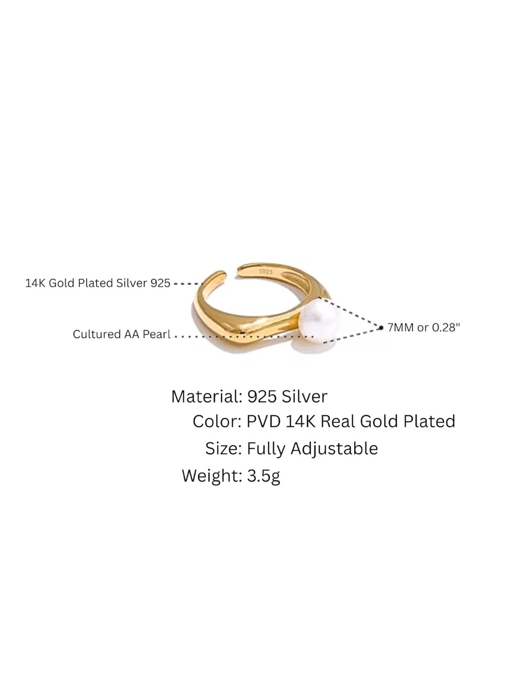 18K Gold Plated Adjustable Pearl Ring | S925 Sterling Silver | Minimalist Statem - Picture 5 of 5